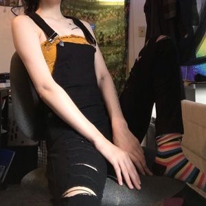 black distressed overalls